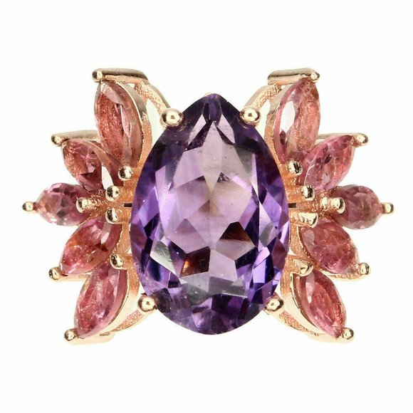 Natural Amethyst & Tourmaline Rose Gold on Sterling Silver Earrings & Ring 7.5 - Picture 6 of 15